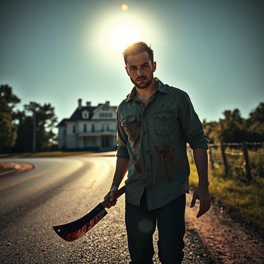 A man walking along the side of the road in summer, carrying a bloody machete in his hand