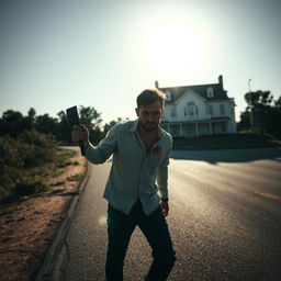 A man walking along the side of the road in summer, carrying a bloody machete in his hand