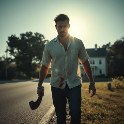 A man walking along the side of the road in summer, carrying a bloody machete in his hand