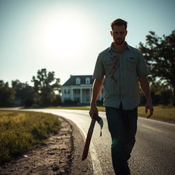 A man walking along the side of the road in summer, carrying a bloody machete in his hand