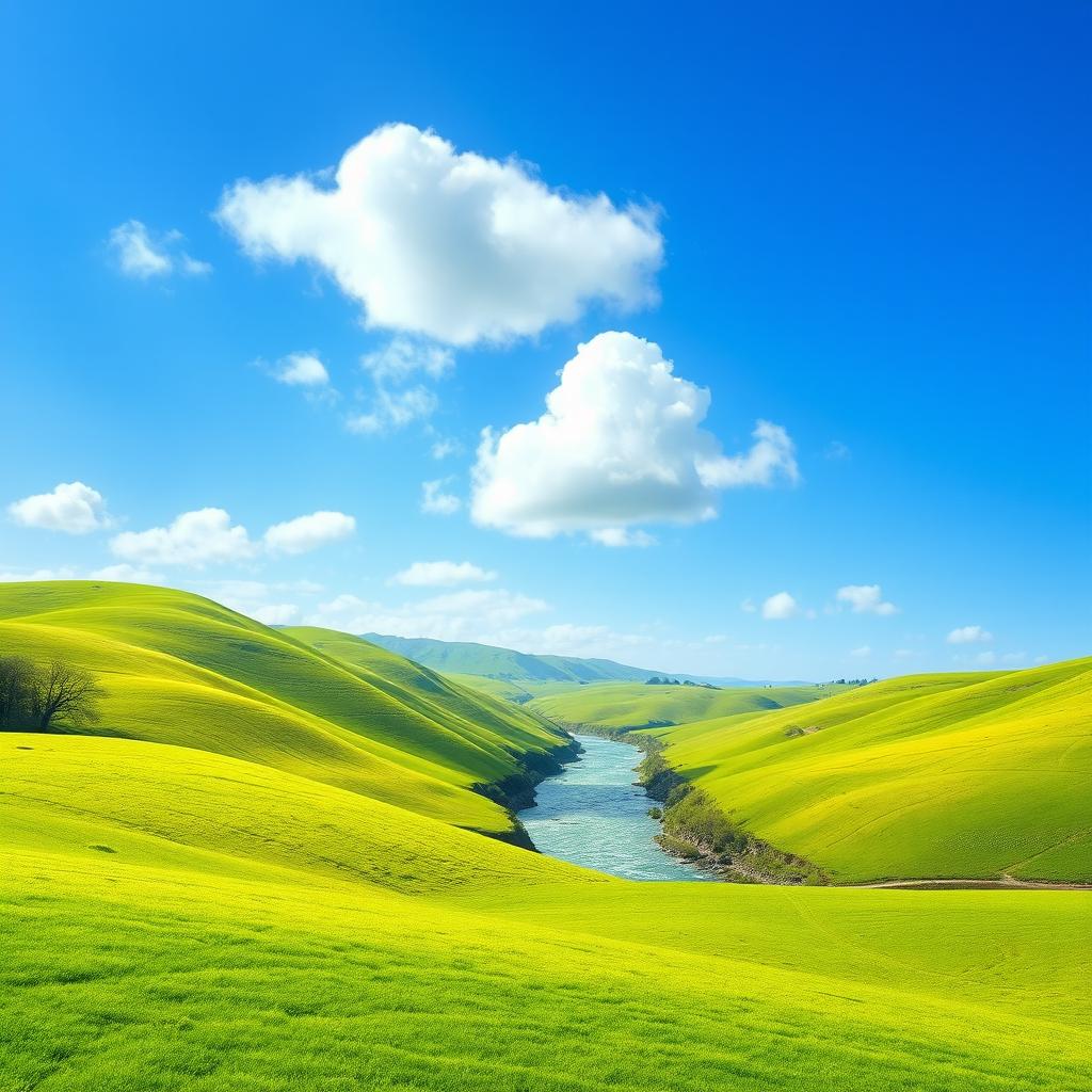 A serene landscape with rolling green hills, a clear blue sky with a few fluffy clouds, and a sparkling river running through the middle