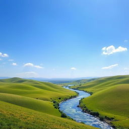 A serene landscape with rolling green hills, a clear blue sky with a few fluffy clouds, and a sparkling river running through the middle