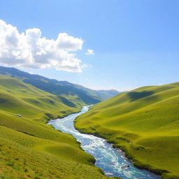 A serene landscape with rolling green hills, a clear blue sky with a few fluffy clouds, and a sparkling river running through the middle