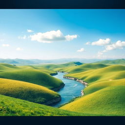 A serene landscape with rolling green hills, a clear blue sky with a few fluffy clouds, and a sparkling river running through the middle