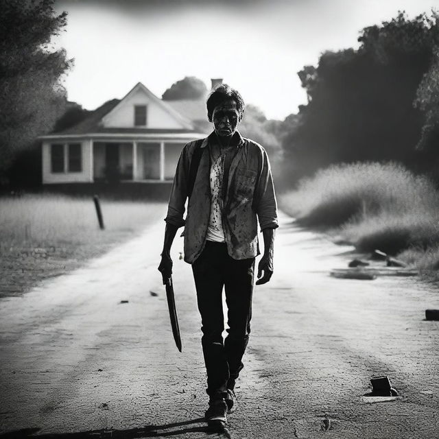 A man walking along the side of the road in summer, carrying a bloody machete in his hand