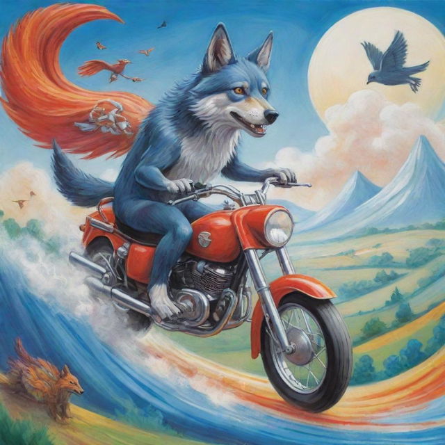 A vibrant cartoony scene featuring a charismatic wolf riding a whirlwind motorbike, a bird gracefully sweeping over the wolf, amidst a landscape imprinted with a discreet 'MES'.