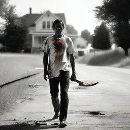 A man walking along the side of the road in summer, carrying a bloody machete in his hand