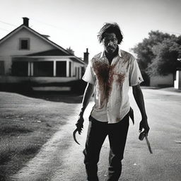 A man walking along the side of the road in summer, carrying a bloody machete in his hand