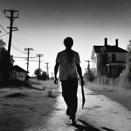 A man walking along the side of the road in summer, carrying a bloody machete in his hand