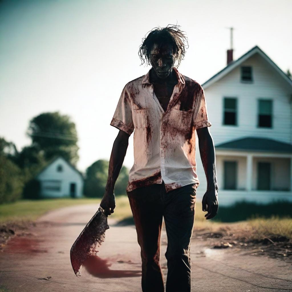 A man walking along the side of the road in summer, carrying a bloody machete in his hand