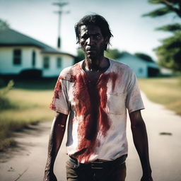 A man walking along the side of the road in summer, carrying a bloody machete in his hand