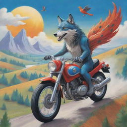 A vibrant cartoony scene featuring a charismatic wolf riding a whirlwind motorbike, a bird gracefully sweeping over the wolf, amidst a landscape imprinted with a discreet 'MES'.