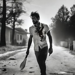 A man walking along the side of the road in summer, carrying a bloody machete in his hand