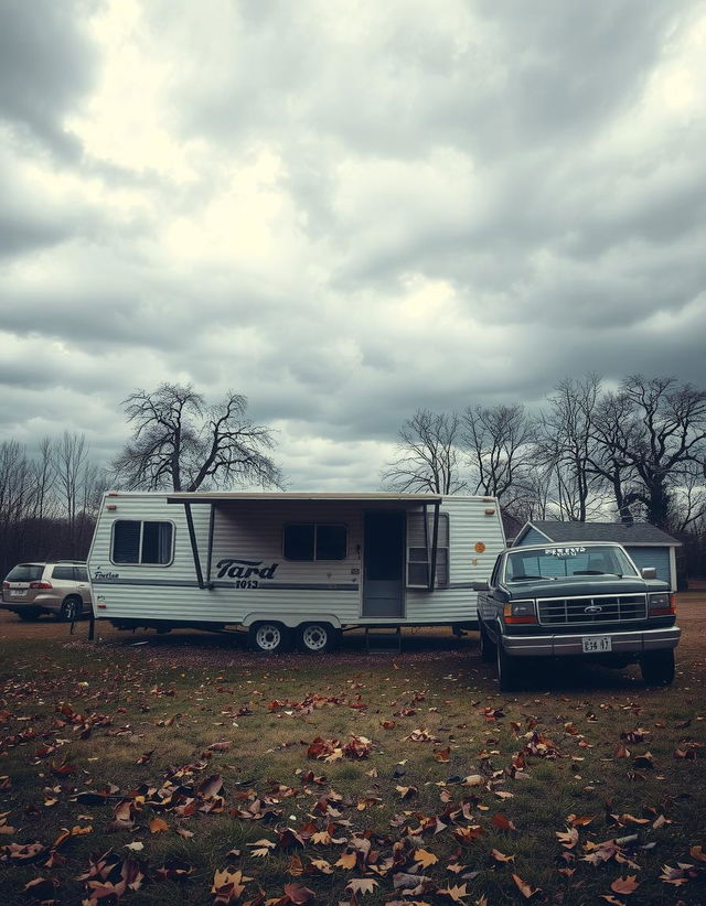 Create an image featuring a dilapidated mobile home and an 80s Ford Truck under a cloudy autumn sky, emphasizing decay and neglect