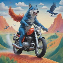 A vibrant cartoony scene featuring a charismatic wolf riding a whirlwind motorbike, a bird gracefully sweeping over the wolf, amidst a landscape imprinted with a discreet 'MES'.