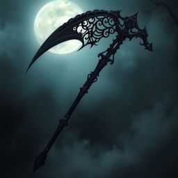 A dark scythe with intricate, gothic designs on the blade and handle