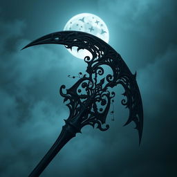 A dark scythe with intricate, gothic designs on the blade and handle