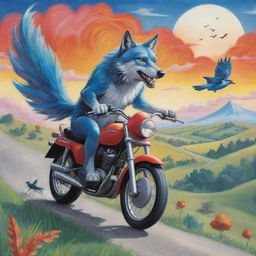 A vibrant cartoony scene featuring a charismatic wolf riding a whirlwind motorbike, a bird gracefully sweeping over the wolf, amidst a landscape imprinted with a discreet 'MES'.