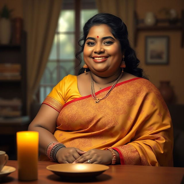 The image depicts a chubby, dusky brown Indian woman sitting at a table