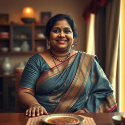 The image depicts a chubby, dusky brown Indian woman sitting at a table