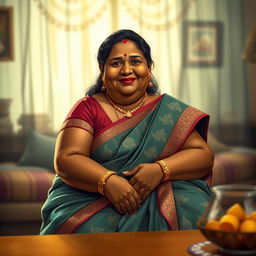 The image depicts a chubby, dusky brown Indian woman sitting at a table