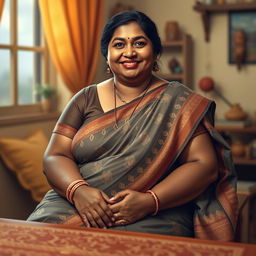 The image depicts a chubby, dusky brown Indian woman sitting at a table