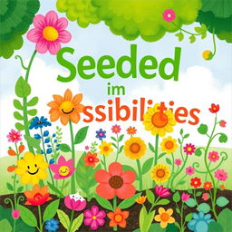 A vibrant and colorful children's book cover titled 'Seeded in Possibilities' featuring a variety of plants