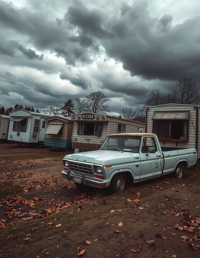 Depict a dilapidated mobile home park and an 80s Ford Truck under a cloudy autumn sky, emphasizing decay and abandonment with a muted, desaturated color palette