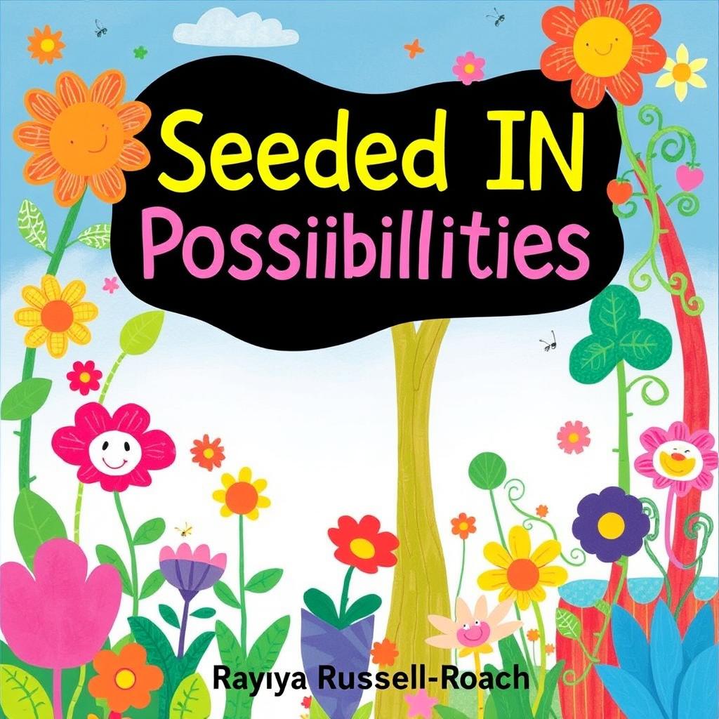 A vibrant and colorful children's book cover titled 'Seeded IN Possibilities' by Rayna Russell-Roach