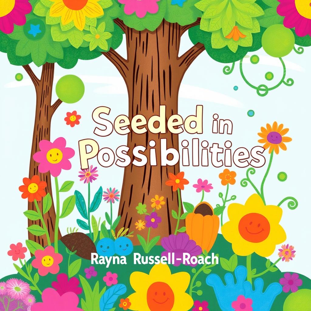 A vibrant and colorful children's book cover titled 'Seeded in Possibilities' by Rayna Russell-Roach