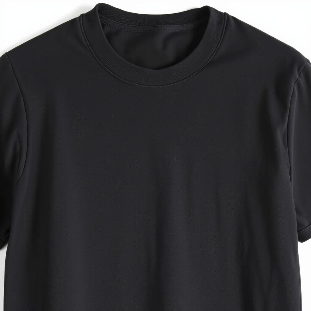 A simple black t-shirt displayed on a plain background