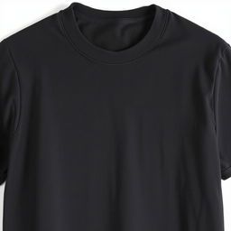 A simple black t-shirt displayed on a plain background