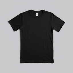 A simple black t-shirt displayed on a plain background