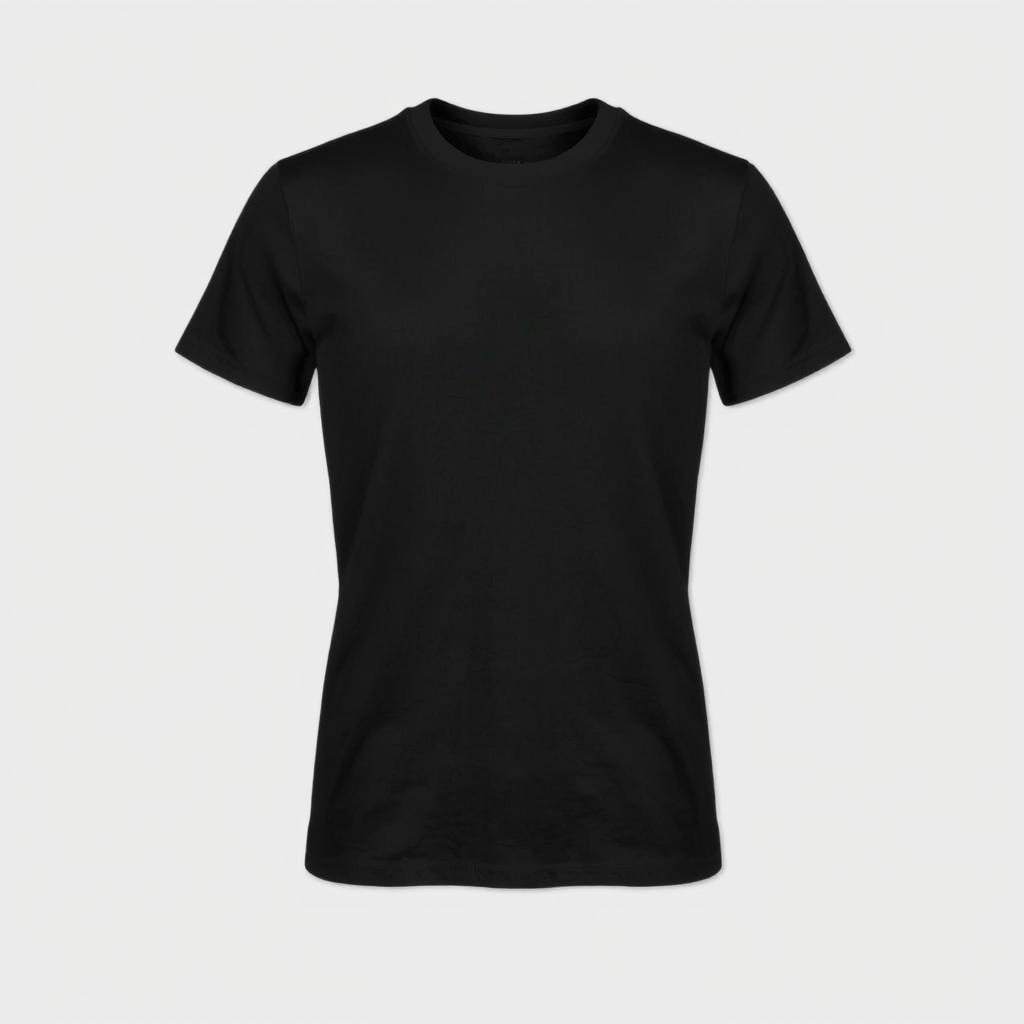 A simple black t-shirt displayed on a plain background