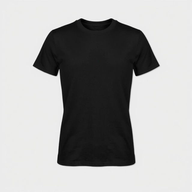 A simple black t-shirt displayed on a plain background