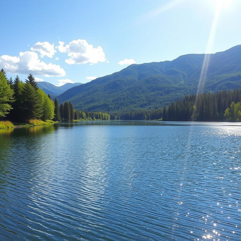 Create an image of a serene landscape with a calm lake surrounded by lush green trees and mountains in the background