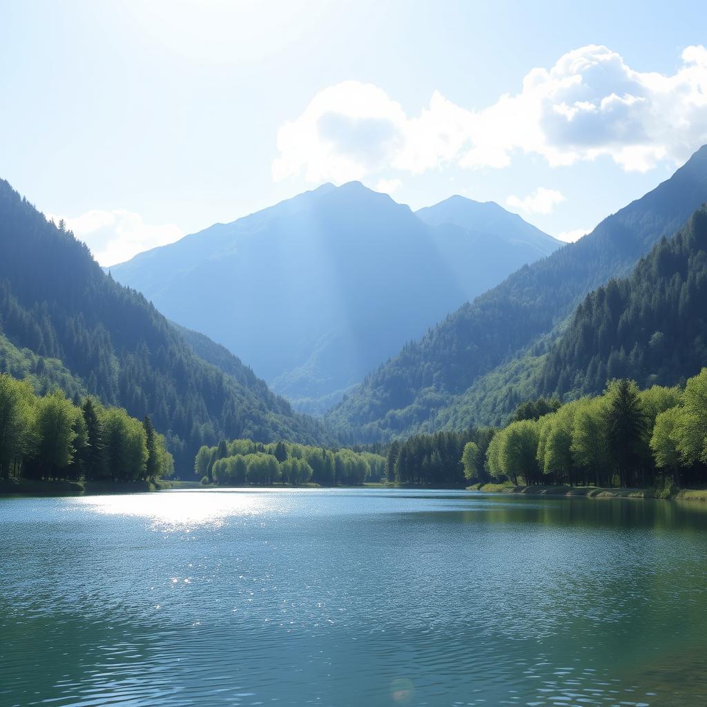 Create an image of a serene landscape with a calm lake surrounded by lush green trees and mountains in the background