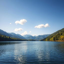 Create an image of a serene landscape with a calm lake surrounded by lush green trees and mountains in the background