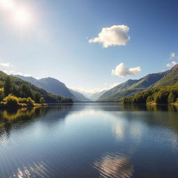 Create an image of a serene landscape with a calm lake surrounded by lush green trees and mountains in the background