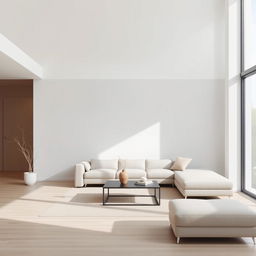 A modern minimalist living room design featuring clean lines, neutral colors, and simple furniture