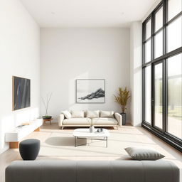 A modern minimalist living room design featuring clean lines, neutral colors, and simple furniture