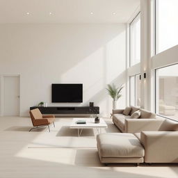 A modern minimalist living room design featuring clean lines, neutral colors, and simple furniture