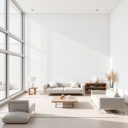 A modern minimalist living room design featuring clean lines, neutral colors, and simple furniture