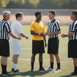 A peaceful scene of football players shaking hands and engaging in friendly conversation with referees on a sunny football field.