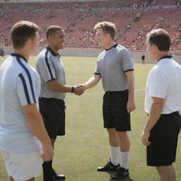 A peaceful scene of football players shaking hands and engaging in friendly conversation with referees on a sunny football field.