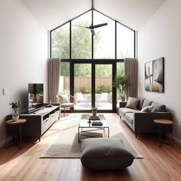 Decorate a narrow living room with a large window leading to a patio