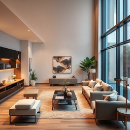 A beautifully designed modern living room with sleek furniture, large windows, and tasteful decorations