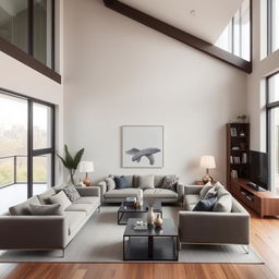 A beautifully designed modern living room with sleek furniture, large windows, and tasteful decorations