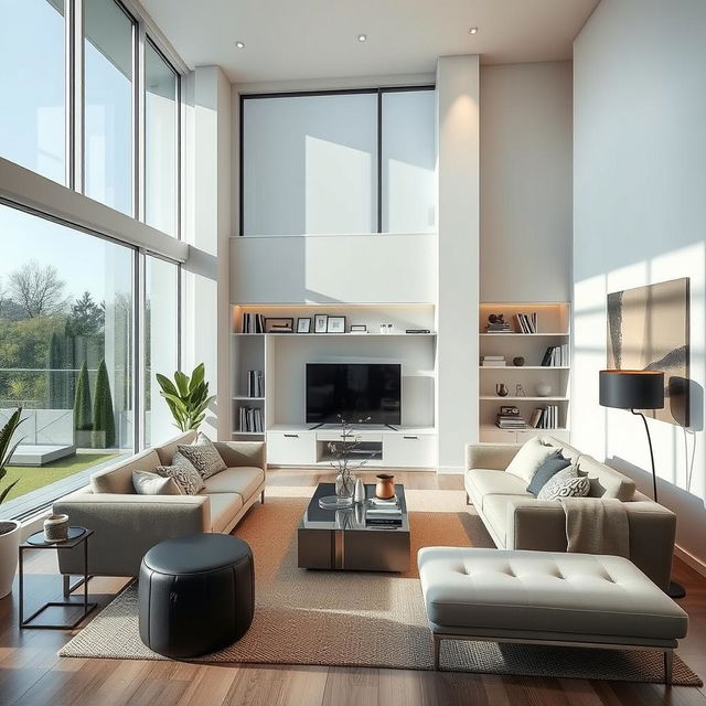 A beautifully designed modern living room with sleek furniture, large windows, and tasteful decorations