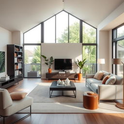 A beautifully designed modern living room with sleek furniture, large windows, and tasteful decorations